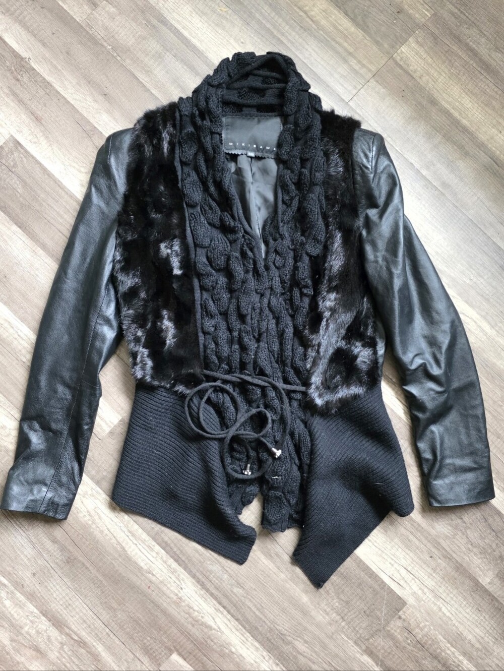 Miki Bama Avant Garde Leather Lapel Woven Knit Whimsy Black Jacket Y2K Grunge